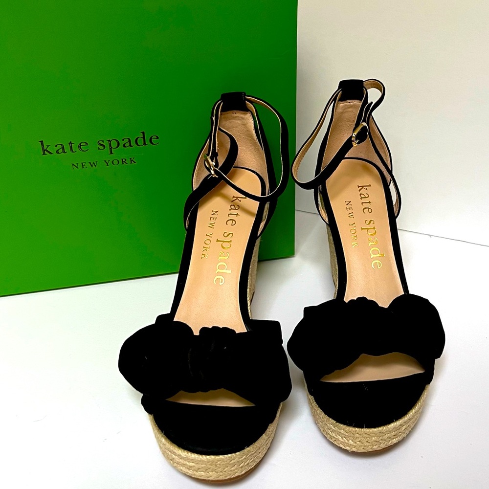 Kate Spade Tianna Black Suede Espadrille Wedges Leather Platform Sandals